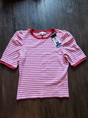 Rebecca Minkoff Womens L Pink White Striped Crew Neck Puff Sleeve Knit Top